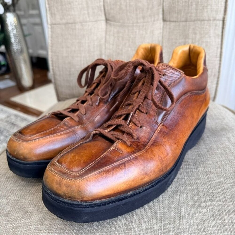 Santoni Club Leather Low-Top Oxford Sneakers – Brown (Size 10)